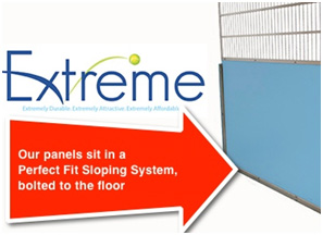 Direct Animal Extreme Kennel Systems panels slide into a 100% stainless steel frame that’s bolted to the floor as a urine barrier.